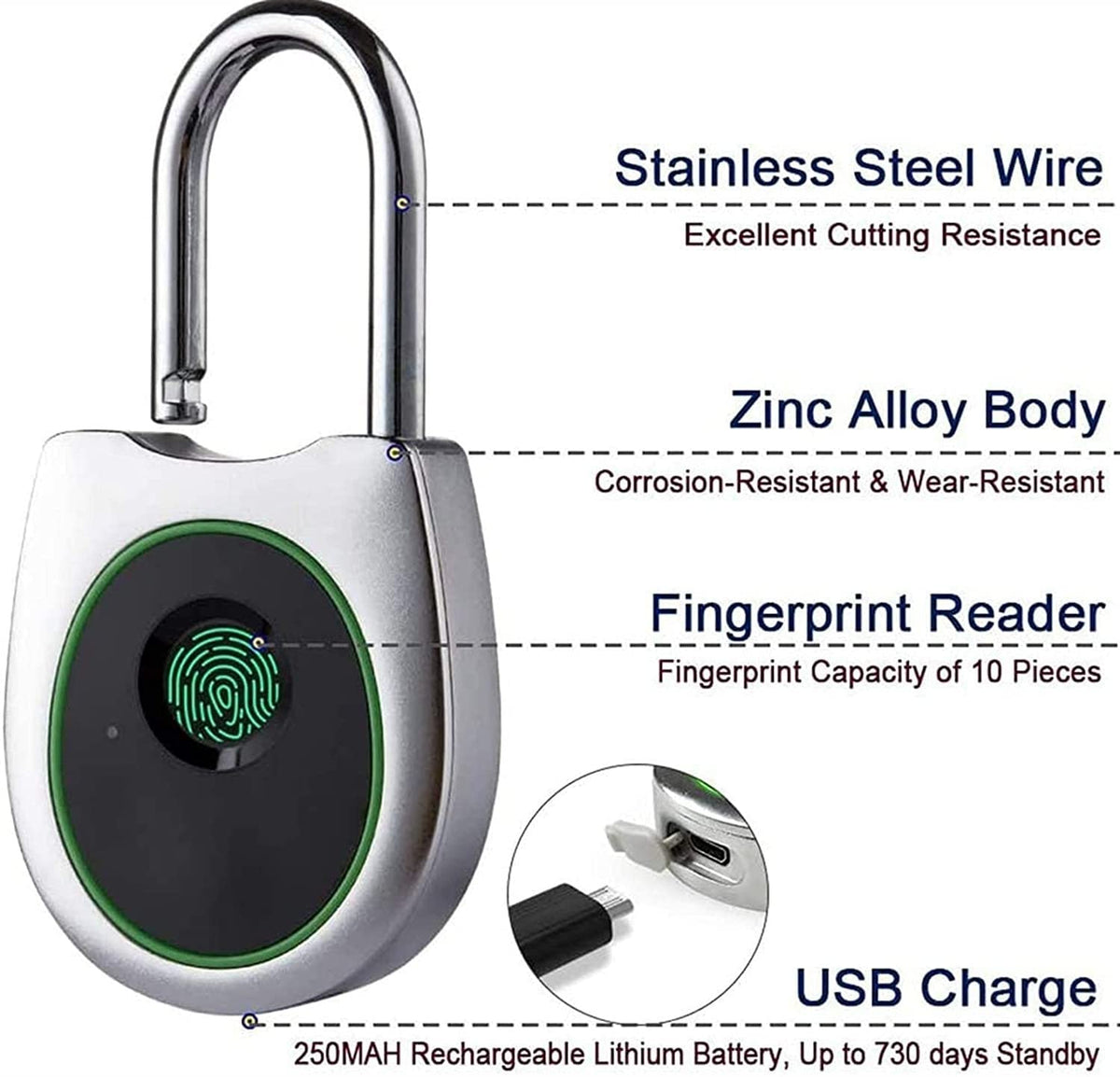 USB Rechargeable Fingerprint Padlock
