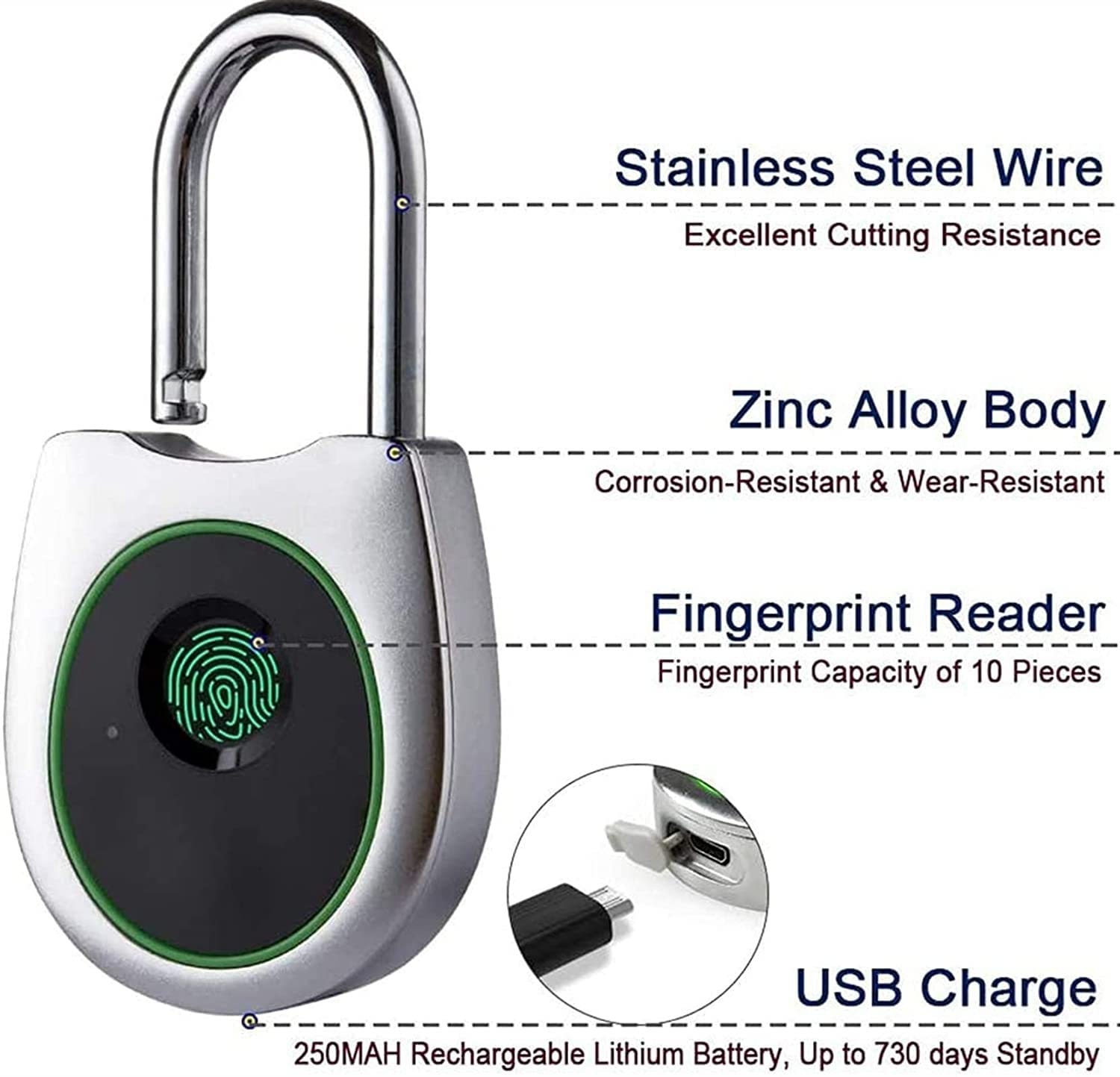 USB Rechargeable Fingerprint Padlock