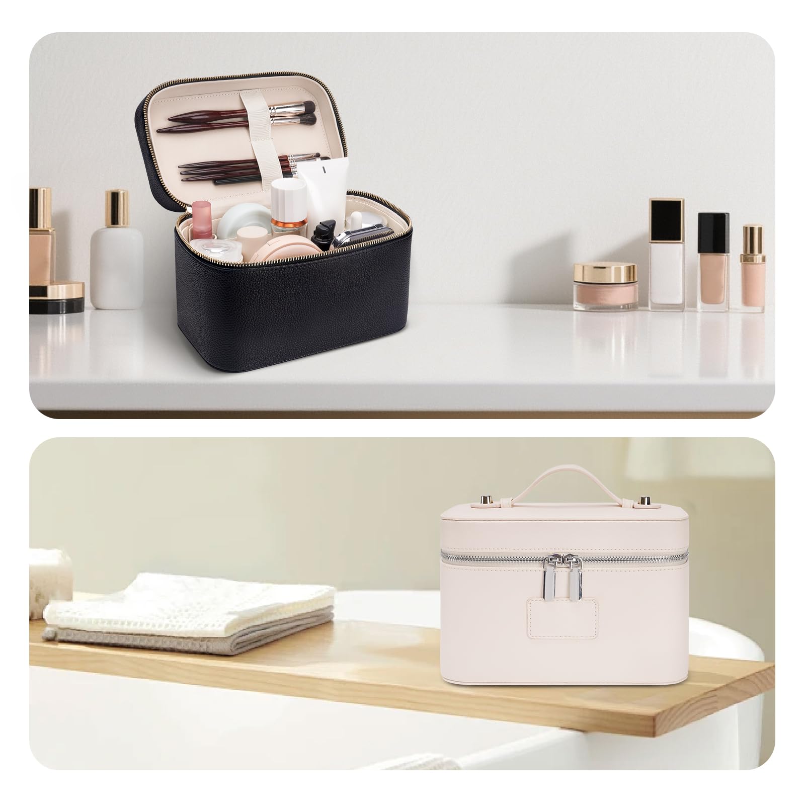 Leather Travel Makeup Case with Removable Divider